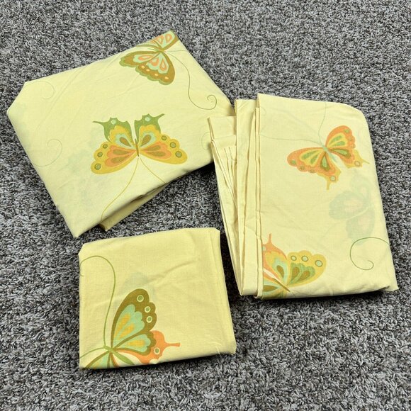 Vtg 60s 70s Hanae Mori 3 Pc Twin Sheet Set Butterfly Yellow MCM Retro Hippie - Picture 2 of 8